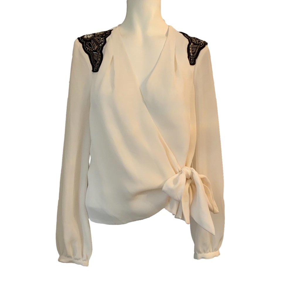Bebe Embellished Wrap Blouse Ivory/Black Size XXS